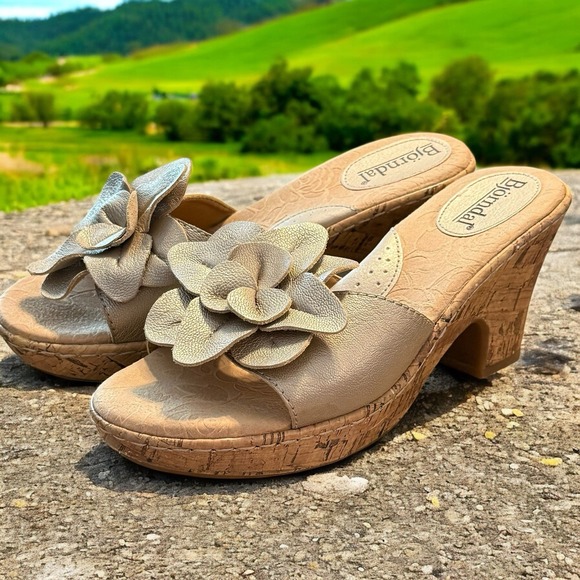 BJORNDAL‎  Leila Size 7.5  Leather Cork Sandals Flower Heeled - Picture 10 of 13